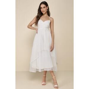 NWT Lulus Favorite Event Ivory Swiss Dot Pleated Tiered Midi Dress